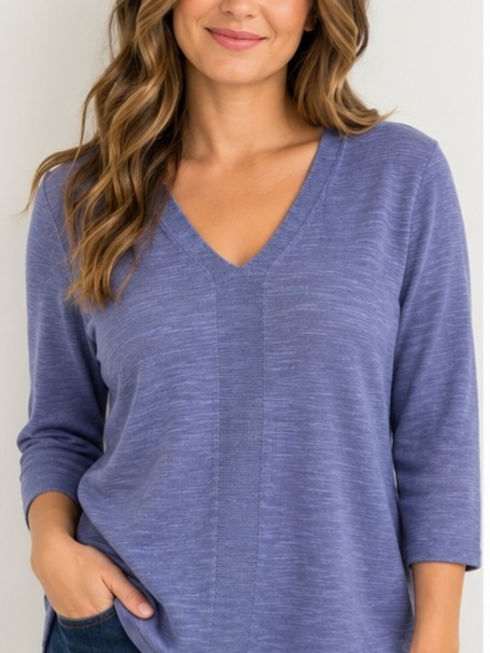 J Jill Women's XL Petite Purple Cotton Linen V Neck Slub Knit Sweater 3/4 Sleeve